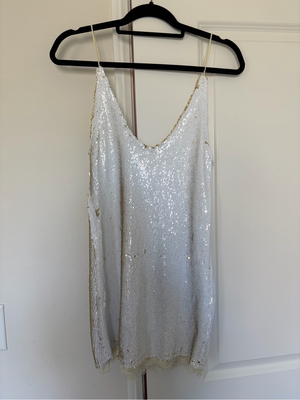 Free People White & Gold Sequin Mini Dress with Lace Trim